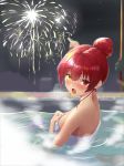  1girl :o bangs bare_shoulders bathing blush breasts fireworks hair_bun heterochromia highres hololive houshou_marine large_breasts long_hair looking_at_viewer naked_towel night nyaa28 open_mouth pointing red_eyes redhead solo towel virtual_youtuber wet yellow_eyes 