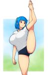  1girl :o blue_hair blue_sky breasts curvy erkaz eyebrows eyebrows_visible_through_hair grass gym_shorts highres huge_breasts original red_eyes rina_atherina shirt shorts sky split standing standing_on_one_leg standing_split stretch tied_hair white_background white_shirt 