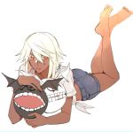  1girl ass bare_legs barefoot brown_eyes dark_skin denim feet guilty_gear guilty_gear_xrd hair_between_eyes highres looking_at_viewer lying medium_hair on_stomach open_mouth ramlethal_valentine roas01b shorts simple_background solo white_background white_hair 