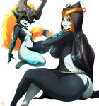  1girl artist_name ass barefoot breasts commentary fang highres hood hoodie jmg large_breasts looking_at_viewer midna midna_(true) orange_hair pointy_ears red_eyes signature simple_background sitting smile spoilers the_legend_of_zelda the_legend_of_zelda:_twilight_princess thick_thighs thighs white_background yellow_sclera 