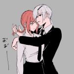  2girls arm_around_shoulder black_eyepatch black_eyes black_neckwear black_pants black_suit braid braided_ponytail brown_hair business_suit chainsaw_man collared_shirt couple eyebrows_visible_through_hair formal grey_background hand_in_another&#039;s_hair highres holding_another ketsugemorimori light_smile long_hair looking_at_another makima_(chainsaw_man) multiple_girls necktie pants ponytail quanxi_(chainsaw_man) ringed_eyes shirt shirt_tucked_in silver_hair smile suit white_shirt yellow_eyes yuri 