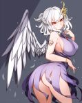  1girl absurdres ass bangle bangs blush bracelet braid breasts dress earrings hair_ornament highres jewelry kishin_sagume large_breasts looking_at_viewer looking_back pointy_ears purple_dress raptor7 red_eyes ring short_hair single_wing sleeveless sleeveless_dress solo tattoo touhou white_hair wings 