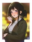  1girl alternate_costume alternate_hairstyle artist_logo bath_yukata black_hair black_robe blurry chitanda_eru depth_of_field hair_bun highres hyouka japanese_clothes kimono long_hair looking_at_viewer mery_(yangmalgage) solo striped striped_kimono upper_body violet_eyes white_kimono yukata 