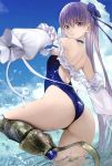  1girl bangs bare_shoulders blue_eyes blue_ribbon blush breasts choker collarbone fate/grand_order fate_(series) frills greaves hair_ribbon highleg highleg_swimsuit highres long_hair long_sleeves looking_at_viewer meltryllis meltryllis_(swimsuit_lancer)_(fate) nyatabe off-shoulder_swimsuit one-piece_swimsuit prosthesis prosthetic_leg puffy_sleeves purple_hair ribbon sleeves_past_fingers sleeves_past_wrists small_breasts swimsuit thighs very_long_hair white_ribbon 