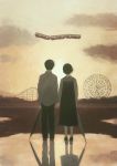  1boy 1girl absurdres black_hair clouds dress evening ferris_wheel film_grain from_behind ground_vehicle highres hill holding_hands mikami_yui muted_color original puddle reflection roller_coaster scenery shirt short_hair sky surreal train umbrella untucked_shirt wind 