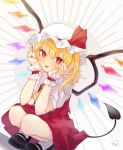  1girl :p artist_name black_footwear blonde_hair blush bobby_socks commentary_request crystal demon_tail dutch_angle flandre_scarlet grey_background hands_on_own_cheeks hands_on_own_face hands_up hat hat_ribbon hi_o_kawa laevatein_(tail) long_hair looking_at_viewer mob_cap pointy_ears red_eyes red_ribbon red_skirt red_vest ribbon shirt shoes short_sleeves side_ponytail skirt socks solo squatting sunburst sunburst_background tail tongue tongue_out touhou v vest white_headwear white_legwear white_shirt wings wrist_cuffs yellow_neckwear 