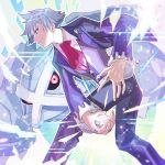  1boy artist_name blue_eyes closed_mouth collared_shirt commentary fingernails gen_3_pokemon holding jacket jewelry kusuribe leaning_forward light_smile long_sleeves metagross pants pokemon pokemon_(creature) pokemon_(game) pokemon_oras purple_jacket ring shirt silver_hair sparkle steven_stone watermark white_shirt 