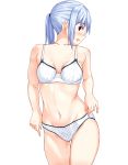  1girl ass_visible_through_thighs bangs blue_hair blush bra breasts cowboy_shot eyebrows_visible_through_hair hair_tie highres izumo_konata looking_at_viewer medium_breasts medium_hair navel open_mouth original panties polka_dot polka_dot_panties red_eyes short_ponytail sidelocks simple_background skindentation smile solo standing thigh_gap underwear underwear_only white_background white_bra white_panties 