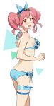  1girl :d absurdres bikini blue_bikini blue_bow blue_flower blush bow breasts floating_hair flower from_side hair_bow hair_flower hair_ornament head_wreath highres long_hair looking_at_viewer looking_back macross macross_delta makina_nakajima medium_breasts open_mouth orange_eyes pink_hair pote-mm shiny shiny_hair shiny_skin side-tie_bikini sideboob simple_background smile solo standing swimsuit thigh_strap under_boob white_background 