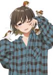  1girl animal animal_on_head bird bird_on_head black_eyes brown_hair looking_at_viewer mattaku_mousuke on_head one_eye_closed open_mouth original oversized_clothes plaid plaid_shirt shirt short_hair sleepy sleeves_past_fingers sleeves_past_wrists sparrow twitter_username upper_body watermark white_background 