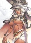  1girl belt brown_eyes cape closed_mouth commentary cowboy_shot dark_skin english_commentary guilty_gear guilty_gear_xrd hat looking_at_viewer navel ramlethal_valentine short_shorts shorts solo standing white_cape white_hair white_shorts zakusi 