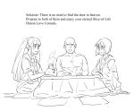  1boy 2girls bald bb_(baalbuddy) bob_cut closed_mouth commentary cup english_commentary english_text greyscale highres holding holding_cup kotatsu long_hair monochrome multiple_girls original sailor_collar school_uniform serafuku smile table twintails 