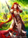  1girl adjusting_hair armor armored_boots axe battle_axe bodies boots braid braided_ponytail castle field fire_emblem fire_emblem:_path_of_radiance fire_emblem:_radiant_dawn fire_emblem_cipher green_eyes horse konfuzikokon long_hair official_art redhead shoulder_armor sword titania_(fire_emblem) tree undershirt weapon white_armor 