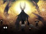  2others back-to-back clouds grey_cloak highres holding holding_weapon hollow_knight horns knight_(hollow_knight) multiple_others okame_nin shade_(hollow_knight) standing sun the_radiance weapon 