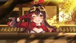  1girl ;d amber_(genshin_impact) autumn_leaves blush brown_hair genshin_impact gloves goggles goggles_on_head hair_ribbon leaf looking_at_viewer maple_leaf one_eye_closed open_mouth ribbon rooftop smile solo sunlight tree uosaasou v yellow_eyes 