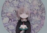  1girl bangs black_shirt cake candle flower food grey_eyes highres kapura long_sleeves looking_at_viewer medium_hair original shirt solo tears upper_body 