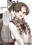  1girl adapted_costume alternate_sleeve_length ayanami_(kantai_collection) black_sailor_collar brown_eyes brown_hair brown_scarf commentary_request highres kantai_collection long_hair looking_at_viewer machinery mizuki_eiru_(akagi_kurage) open_mouth plaid plaid_scarf remodel_(kantai_collection) sailor_collar scarf school_uniform serafuku side_ponytail simple_background smokestack solo sparkle translation_request white_background 
