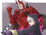  1girl 3boys armor aura blue_eyes blue_hair cape chrom_(fire_emblem) dark_aura dated father_and_daughter fire_emblem fire_emblem_awakening fire_emblem_heroes from_side gloves grima_(fire_emblem) hood hood_up long_hair long_sleeves lucina lucina_(fire_emblem) multiple_boys open_mouth red_eyes robaco robin_(fire_emblem) robin_(fire_emblem)_(male) short_hair simple_background walhart_(fire_emblem) white_hair 