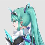 1girl armor bangs earrings from_behind green_eyes green_hair grey_background highres jewelry long_hair long_ponytail pneuma_(xenoblade) ponytail portrait sarasadou_dan simple_background swept_bangs tiara very_long_hair xenoblade_chronicles_(series) xenoblade_chronicles_2 