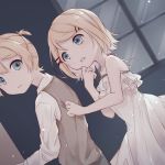  1boy 1girl adolescence_(vocaloid) bare_arms bare_shoulders blonde_hair blue_eyes brother_and_sister camisole clothes_grab dutch_angle eyebrows_visible_through_hair frilled_camisole hair_ornament hairclip hand_on_own_chin jacket_grab kagamine_len kagamine_rin light_particles looking_back night parted_lips sazanami_(ripple1996) scared short_hair short_ponytail siblings sleepwear sleeveless sleeveless_jacket spaghetti_strap teardrop tears twins vocaloid white_camisole window 