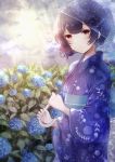  1girl absurdres blue_flower blue_hair blush bob_cut crying flower garden highres idolmaster idolmaster_shiny_colors japanese_clothes kimono looking_at_viewer morino_rinze namamake outdoors rain red_eyes short_hair solo standing tears umbrella water_drop 