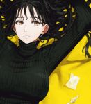  1girl arms_up black_hair black_sweater breasts brown_hair candy_wrapper clenched_teeth commentary earrings eyelashes from_above highres jewelry jun_(seojh1029) large_breasts long_hair looking_at_viewer lying on_back original ribbed_sweater simple_background solo sweater teeth turtleneck turtleneck_sweater upper_body yellow_background 