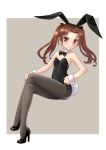  1girl animal_ears bangs black_footwear black_legwear black_leotard black_neckwear border bow bowtie brown_background brown_eyes brown_hair bunny_tail detached_collar flat_chest full_body girls_und_panzer hair_bow high_heels kadotani_anzu katahira_masashi leotard long_hair looking_at_viewer pantyhose parted_bangs playboy_bunny rabbit_ears sitting solo strapless strapless_leotard tail twintails two-tone_background white_border wrist_cuffs 