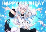  1girl :d \m/ ^_^ absurdres ahoge animal_ear_fluff animal_ears bangs blush braid breasts closed_eyes cno fox_ears fox_girl fox_tail hair_between_eyes happy_birthday highres hololive long_hair open_mouth outstretched_arms ponytail shirakami_fubuki side_braid smile solo tail virtual_youtuber white_hair 