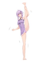  1girl :&lt; absurdres ahoge arm_up armpits bangs bare_arms bare_legs bare_shoulders barefoot blush closed_mouth collarbone covered_navel criss-cross_halter dress eyebrows_visible_through_hair halterneck highres leg_up motion_lines panties pantyshot purple_dress purple_panties short_dress short_hair_with_long_locks sidelocks simple_background solo split standing standing_on_one_leg standing_split sweat underwear upskirt vocaloid voiceroid white_background yuzuki_yukari zooanime 