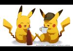  artist_name bottle closed_eyes coffee commentary_request cup detective_pikachu detective_pikachu_(character) fur gen_1_pokemon happy hat holding holding_bottle ketchup_bottle meiji_ken mug no_humans open_mouth pikachu pokemon pokemon_(creature) repost_notice sitting tongue watermark white_background 
