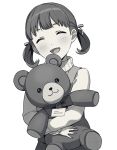  1girl :d ^_^ bangs birthday_card blush character_name closed_eyes commentary_request doujima_nanako dress facing_viewer grey_background greyscale happy happy_birthday highres holding holding_stuffed_toy monochrome object_hug open_mouth persona persona_4 sayshownen short_twintails smile solo stuffed_animal stuffed_toy sweater teddy_bear turtleneck turtleneck_sweater twintails 