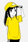  1girl adjusting_clothes adjusting_headwear bangs baseball_cap black_hair blush casual closed_mouth commentary_request dot_nose grey_background greyscale hat highres hitori_bocchi hitoribocchi_no_marumaru_seikatsu katsuwo_(cr66g) long_hair looking_at_viewer monochrome pants partially_colored shirt simple_background smile solo standing star_(symbol) yellow_headwear yellow_shirt 