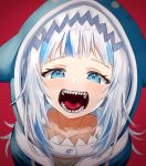  1girl animal_hood blue_eyes blue_hair blue_hoodie blush commentary fangs gawr_gura highres hololive hololive_english hood long_hair looking_at_viewer multicolored_hair nu_(naoyahirota61217010) open_mouth portrait red_background shark_hood sharp_teeth silver_hair simple_background solo streaked_hair symbol_commentary teeth two-tone_hair virtual_youtuber 