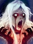  1girl alice:_madness_returns blood blood_from_mouth blood_on_face bloody_hands horror_(expression) horror_(theme) looking_down messy_hair nightmaree-moon-sis open_mouth solo white_eyes white_hair 