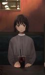  1girl absurdres bangs brown_hair commentary_request cup drinking_glass drinking_straw grey_eyes highres huge_filesize ice ice_cube looking_at_viewer maoyasumisumi original parted_lips restaurant short_hair sleeves_past_wrists solo tears 