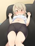  1girl @_@ ass_visible_through_thighs bangs black_shorts blush breasts brown_background brown_eyes brown_hair couch eyebrows_visible_through_hair feet_out_of_frame hair_between_eyes hands_up idolmaster idolmaster_cinderella_girls long_hair lying morikubo_nono navel nose_blush on_back on_couch parted_lips ringlets shirt shirt_lift short_shorts shorts small_breasts solo sweat thigh_gap ushi wavy_mouth white_shirt 