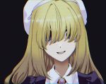  7gou androgynous blonde_hair blue_eyes bonnet collared_shirt hair_over_face hat long_hair neckwear puffy_sleeves shirt umineko_no_naku_koro_ni yasu_(umineko) 