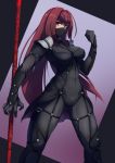  1girl bangs bodysuit breasts commentary_request fate/grand_order fate_(series) gae_bolg highres iwainari large_breasts long_hair looking_at_viewer mask mouth_mask ninja_mask polearm purple_hair red_eyes scathach_(fate)_(all) scathach_(fate/grand_order) shiny shiny_hair sidelocks solo very_long_hair weapon 