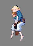  1boy 1girl black_pants blue_jacket blush boots chilchuck closed_eyes dungeon_meshi elf fingerless_gloves gloves halfling highres hug jacket maotianye marcille pants pointy_ears sandals scarf sitting size_difference smile 