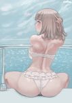  1girl ass back backboob bangs bare_shoulders bikini blush breasts brown_hair clouds cloudy_sky commentary commission dangan_ronpa feet_out_of_frame flipped_hair frilled_bikini frills from_behind hand_in_hair horizon large_breasts looking_at_viewer looking_back nanami_chiaki ocean railing red_eyes short_hair sitting sky solo super_dangan_ronpa_2 swimsuit water white_bikini white_swimsuit zefrableu 
