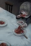  1girl bangs blood brown_hair chair eating food fork highres holding holding_food kapura long_sleeves meat original plate reaching solo table 