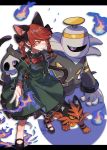  animal_ears bangs black_bow black_footwear black_ribbon blue_fire bow braid cat_ears cat_tail commentary crossover damenaito dress dusknoir duskull extra_ears eyebrows_behind_hair fire frilled_dress frilled_sleeves frills gen_3_pokemon gen_4_pokemon gen_7_pokemon green_dress hair_bow highres hitodama juliet_sleeves kaenbyou_rin leg_ribbon letterboxed long_hair long_sleeves looking_at_another mary_janes multiple_tails nekomata outstretched_arm poke_ball poke_ball_symbol pokemon pokemon_(creature) puffy_sleeves red_eyes red_neckwear redhead ribbon shoes sleeve_ribbon standing tail torracat touhou trait_connection twin_braids two_tails 