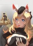  1girl :p animal_ear_fluff animal_ears arknights bangs black_bow black_headwear blonde_hair blue_eyes bow breasts chinese_commentary commentary_request hair_bow large_breasts long_hair long_sleeves looking_at_viewer mirror ponty reflection smile solo tongue tongue_out upper_body whislash_(arknights) 