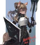  1girl animal_ear_fluff animal_ears arknights armor bangs black_gloves black_jacket black_skirt blue_background bracer breastplate brown_eyes brown_hair chinese_commentary commentary_request cowboy_shot dated gloves gradient gradient_background hair_between_eyes headphones headset highres holding holding_weapon jacket jiao_cat long_hair looking_at_viewer nearl_(arknights) pauldrons shield shoulder_armor sidelocks skirt skirt_set solo standing weapon 