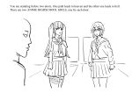  1boy 2girls bald bb_(baalbuddy) commentary english_commentary english_text glasses greyscale highres jitome long_hair monochrome multiple_girls neckerchief original pleated_skirt sailor_collar school_uniform serafuku short_hair skirt twintails 