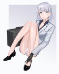  1girl absurdres bare_legs black_footwear breasts business_suit case closed_mouth eyebrows_visible_through_hair formal girls_frontline highres legs looking_at_viewer mechanical_arm medium_hair panties rpk-16_(girls_frontline) salty_eyes shoes silver_hair simple_background sitting_on_floor smile solo suit underwear violet_eyes white_panties white_suit 