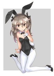  1girl animal_ears bangs black_leotard black_neckwear border bow bowtie brown_eyes bunny_tail detached_collar full_body girls_und_panzer high_heels katahira_masashi leotard light_brown_hair long_hair looking_at_viewer one_side_up pantyhose playboy_bunny rabbit_ears shimada_arisu sitting solo strapless strapless_leotard tail two-tone_background wariza white_border white_legwear wrist_cuffs 