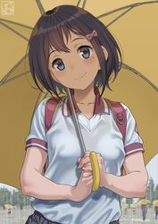  1girl backpack bag black_hair blue_eyes blush bow bra_through_clothes bralines gym_uniform hair_bow highres holding holding_umbrella looking_at_viewer mole mole_under_eye original outdoors pairan rain randoseru see-through shirt short_hair smile solo_focus umbrella watermark wet wet_clothes wet_shirt 