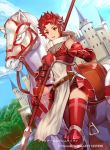  1girl armored_boots bare_shoulders boots castle cherokee_(1021tonii) fire_emblem fire_emblem_awakening fire_emblem_cipher forest gauntlets horse nature official_art outdoors polearm red_armor red_eyes redhead short_hair spear sully_(fire_emblem) thigh-highs weapon 