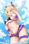 1girl absurdres beach bikini black_bikini blonde_hair blue_sky blush bow breasts bubble clouds eyepatch fischl_(genshin_impact) flower frilled_bikini frills genshin_impact green_eyes hair_bow hair_flower hair_ornament half-closed_eyes highres incro300 navel open_mouth partially_submerged rose sky smile solo swimsuit twintails under_boob